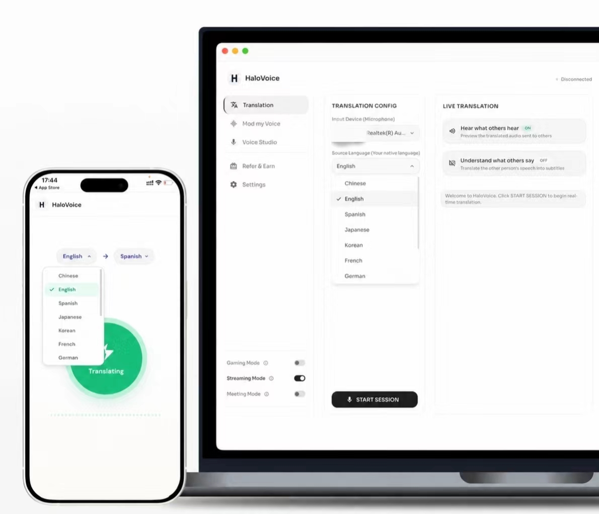 モバイルとデスクトップで動作する HaloVoice のリアルタイム翻訳