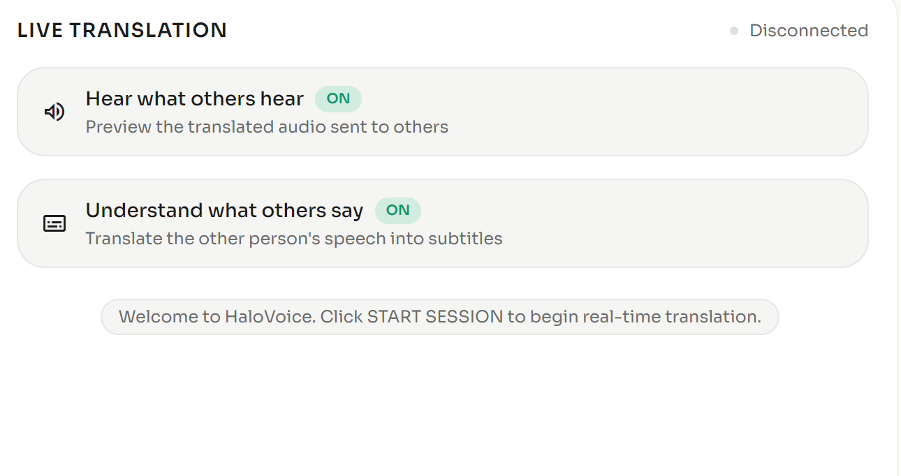 言語と音声出力を設定する HaloVoice ライブ翻訳パネル