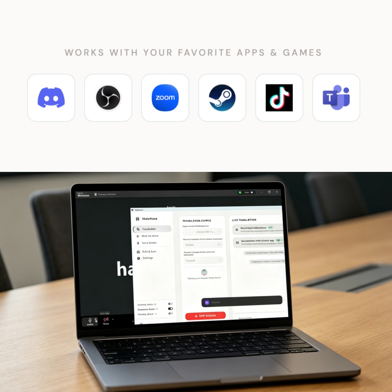 Discord、OBS、Zoom、Steam、TikTok、Teamsと互換性のあるHaloVoice