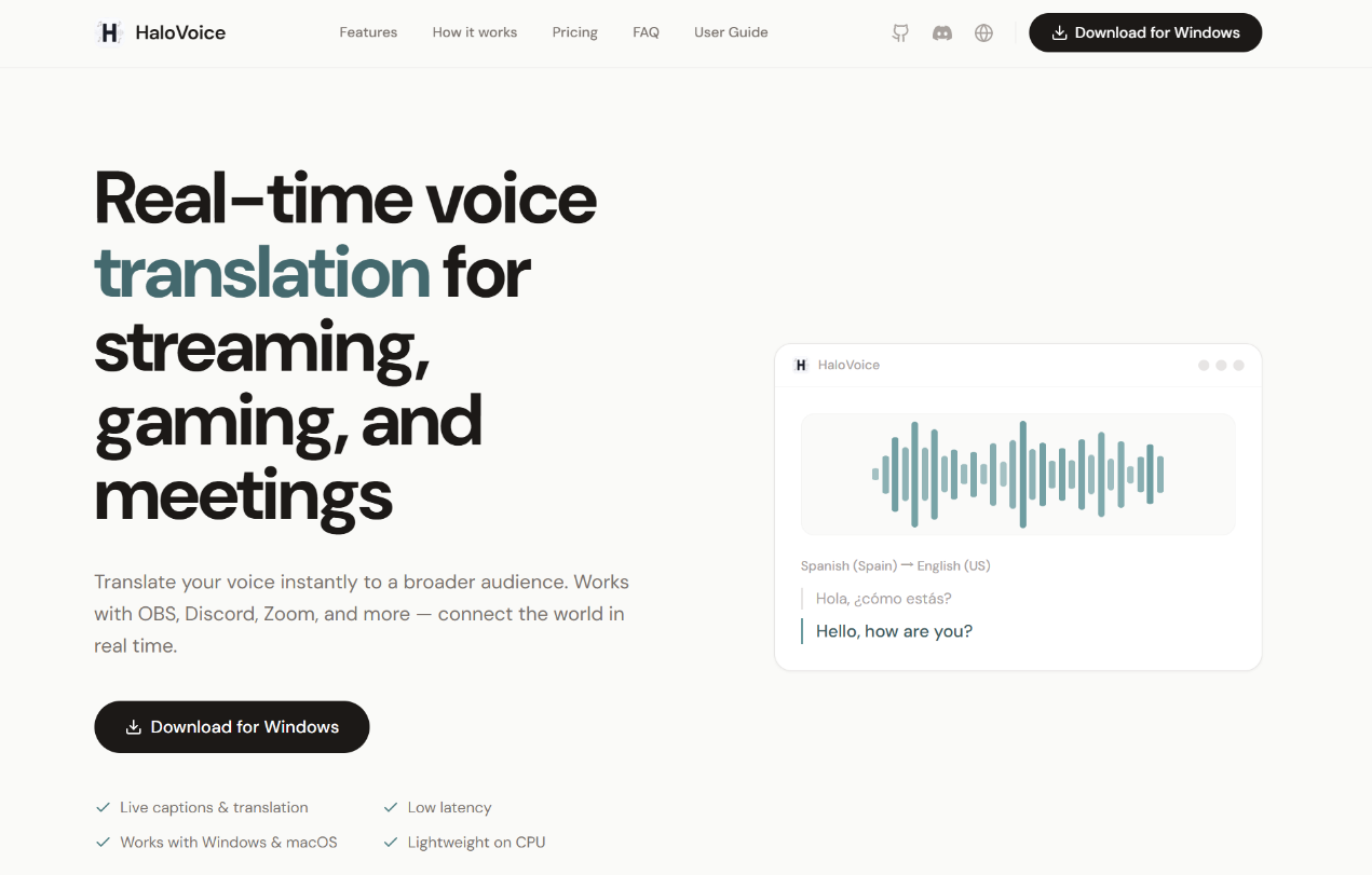 会議、ゲーム、ストリーミング向けリアルタイム音声翻訳のHaloVoiceサイトヒーロー